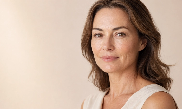 Žena s přirozeně svěží pletí představující MesoBoost Glow & Lift v BHS Studio Sokolov